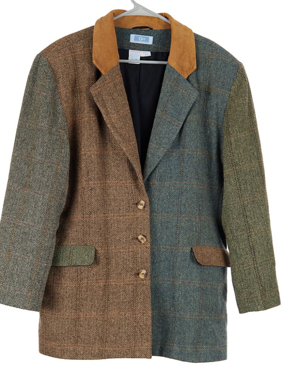 Vintage 90s Qps Wool Blend Herringbone Patchwork 2-Button Blazer Missy 16